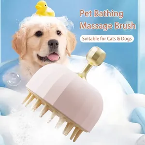 Silicone Pet Bath Massage Brush For Dogs Cats Soft Bristles Grooming Cleaning Tool With Ergonomic Golden Electroplated Handle