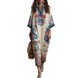 Elegante lange kaftan-jurk met bohemien bloemenprint en V-hals voor dames met wijde zoom