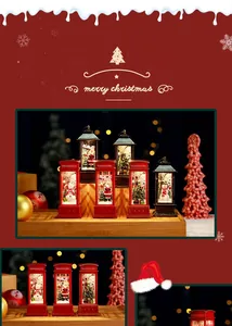 Detailed view of glowing Christmas telephone booth lanterns and lanterns on a wooden tray