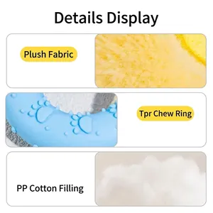 Detailed view of plush dog toy materials including TPR bite ring and PP cotton filling.