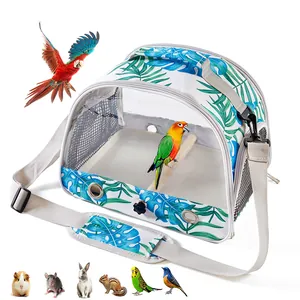 Portable pet carrier bag with tropical leaf pattern and transparent window for small animals