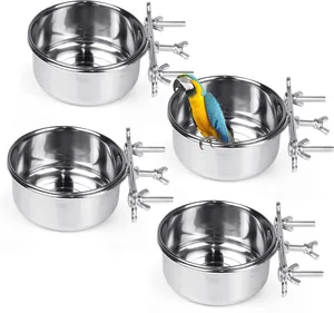Set of four durable stainless steel bird feeding bowls with secure cage screw clamps