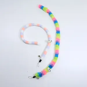 Set of two colorful long plush worm cat teaser wand refills with bells and googly eyes