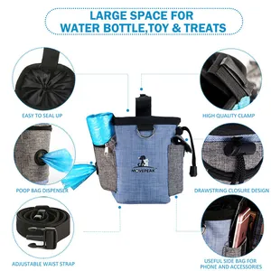 Blue and grey pet training treat pouch with poop bag dispenser and adjustable waist strap
