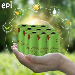 Eco-friendly biodegradable green dog waste bags roll with EPI technology shown in nature background