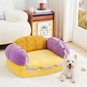 Divano per animali in morbido peluche con design color-blocking viola e giallo per cani