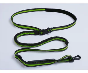 Reflective bungee dog leash for running with an adjustable waist belt and metal clip