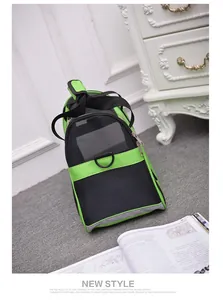 Detail view of breathable lime green mesh pet carrier for cats and dogs