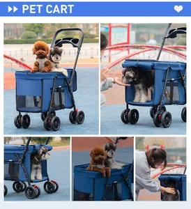 Blue foldable multi-functional pet stroller for dogs shown in various outdoor angles
