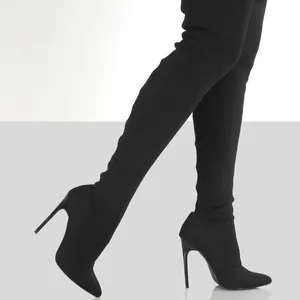 Damen High Heel Stiletto Overknee Stiefel Spitz Zulaufend Strick Stretch Oberschenkelhohe Stiefel Frühling Winter Mode