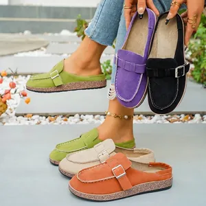 Women's Frosted Faux Suede Closed Toe Mules Metal Buckle Platform Sole Birkenstock Style Sandals Casual Outdoor Slip-On Lazy Half Slippers