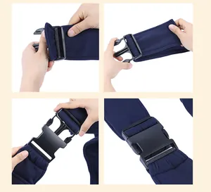 Detailed view of the durable plastic buckle and navy blue strap for pet carrier backpack