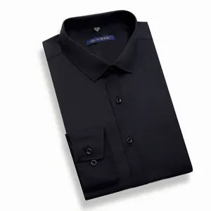 Men's slim-fit solid black long-sleeve dress shirt with wrinkle-resistant stretch fabric