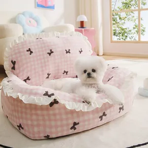 Panier Canapé pour Animaux Style Princesse Détachable Lavable Doux Peluche Polyester Plaid Lit Chien Chat pour Petits Chiens Chiot Hiver Chaud