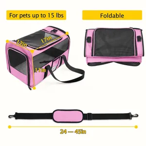 Foldable pink pet carrier dimensions 17x12x11in with adjustable shoulder strap