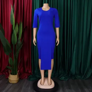 Close-up detail of a royal blue office bodycon dress featuring split hem and half sleeves.