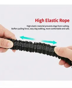 Close-up detail of high-elasticity shock-absorbing dog leash with reflective stitching