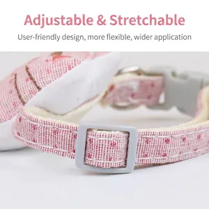 Adjustable pink cat head pet collar featuring a cute polka dot pattern bowtie accessory