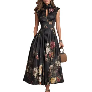 Elegant black sleeveless maxi dress with vibrant floral print and keyhole neckline