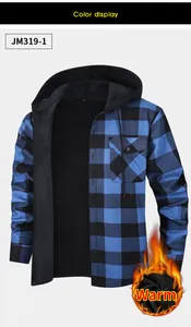 Detailed view of men's blue and black plaid hooded shirt with warm black fleece lining