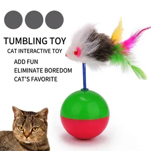 Jouet culbuto interactif pour chat avec plumes colorées et souris en peluche douce
