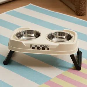 Elevated double dog bowls with stainless steel inserts and folding stand for pets