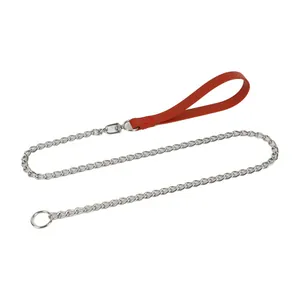 Heavy-duty stainless steel P-chain dog leash with a red comfort handle for training