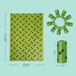 Detailed dimension specifications for green biodegradable dog poop bags with bone patterns