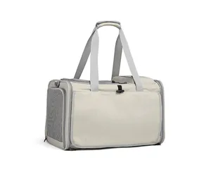 Bolso de transporte beige resistente para mascotas con paneles de malla y asas grises