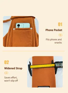 Detailed view of phone pocket and wide shoulder strap on orange pet carrier bag