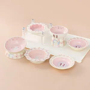 Set di ciotole in ceramica rosa a forma di coniglio per cani e gatti, piatti acqua