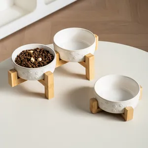 Juego de Cuencos de Cerámica Elevados Con Soporte de Bambú Diseño de Pata de Gato en Relieve Protección de Cuello para Mascotas