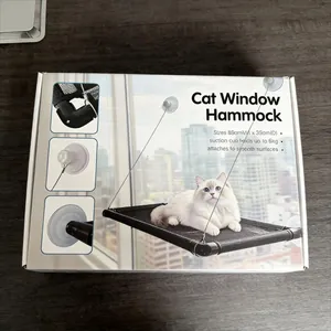 Packaging details of a cat window hammock showing suction cup strength and size specifications
