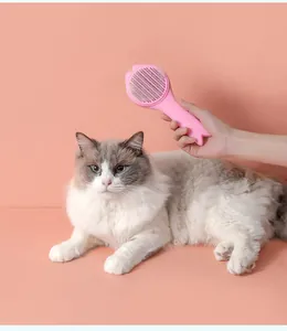 Detailed view of a pink self-cleaning pet slicker brush used on a fluffy Ragdoll cat