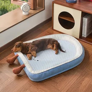 Cooling pet bed for dogs and cats with cute popsicle design in light blue and white