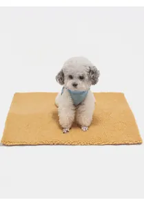 Detalle de alfombra de lana de cordero para mascotas con caniche gris sentado encima.
