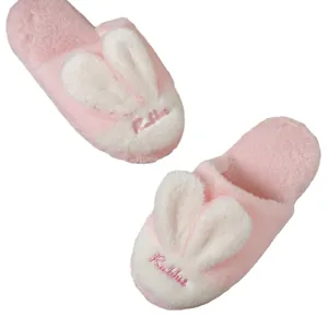 Cute pink plush rabbit ear slippers for women, cozy warm winter indoor flat house shoes