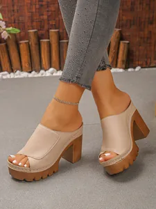 Stylish beige chunky platform peep-toe mule sandals for women's summer fashion wear.