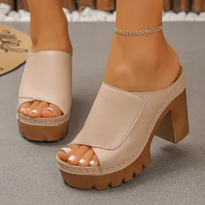 Elegant beige platform high-heeled mules with retro open-toe design for summer fashion