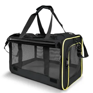 Breathable and foldable black pet carrier for cats and small dogs with yellow trim
