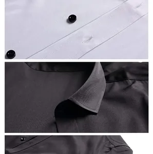 Detailed close-up of men's business casual shirt collar and buttons on textured fabric.