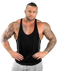 Detail of men's quick-dry sports stringer vest showing front fit on model
