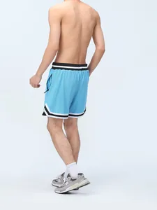 Back view of men's blue mesh sports shorts with striped trim and pockets