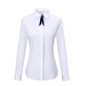 Slim fit white long sleeve women's shirt with navy ribbon bowtie and square collar