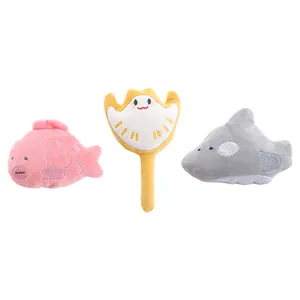 Set of three cute marine life plush cat toys including shark and ray with catnip