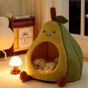 Panier pour Chien Chat en Forme d'Avocat Grotte pour Animaux en Peluche Chaude d'Hiver Avec Coussin Lavable pour Petits Chiens Chats