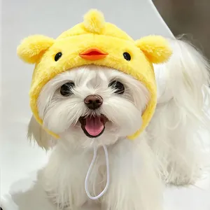 Cute yellow plush chicken headgear for small pets and dogs with adjustable elastic strap