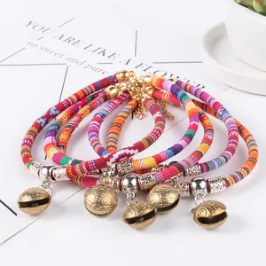 Bohemian ethnic style pet collars with vintage brass bells for cats and dogs