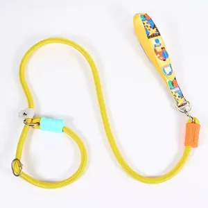 Professional yellow nylon P-chain dog training leash with cartoon pattern handle
