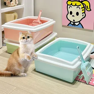 Large semi-enclosed rectangular cat litter box with matching scoop set for indoor cats